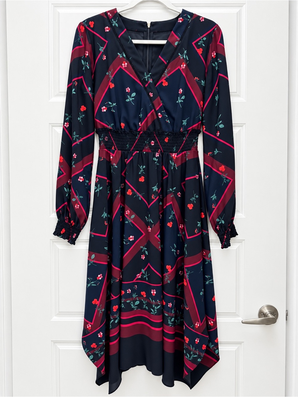 Karl Lagerfeld Navy Long Sleeve Floral Midi Dress with Pink Accents